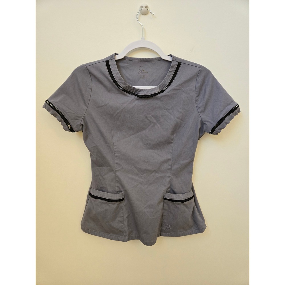 Jaanuu Grey Scrub Top XS Black Trim Medical Nursing Uniform